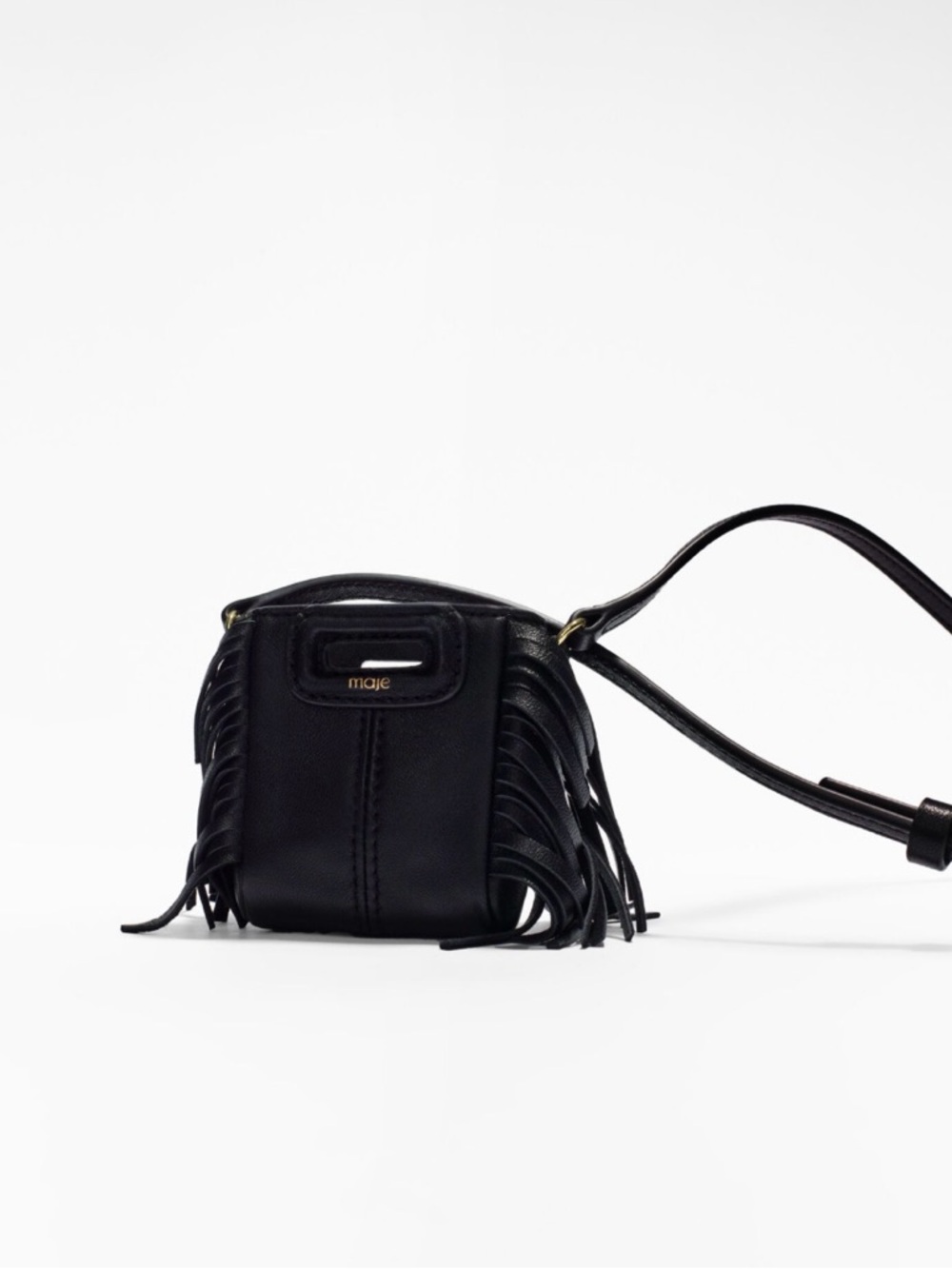 Maje Black Leather Fringe nano Crossbody with Gold Logo